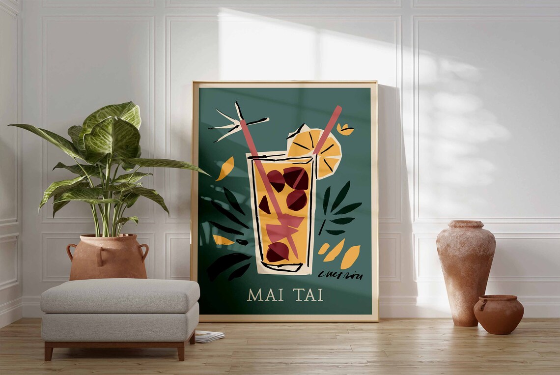 Mai Tai Golden Tropical Glass Red Straws Retro Cocktail Bar Poster - Image 3