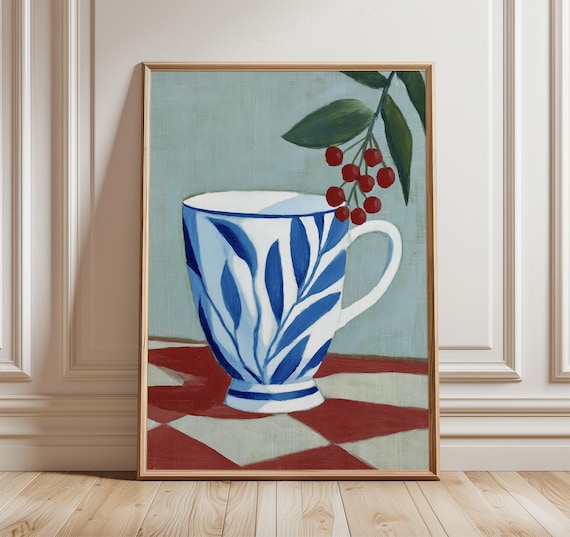 Blue White Ceramic Teacup With Red Berries Vintage Art Poster