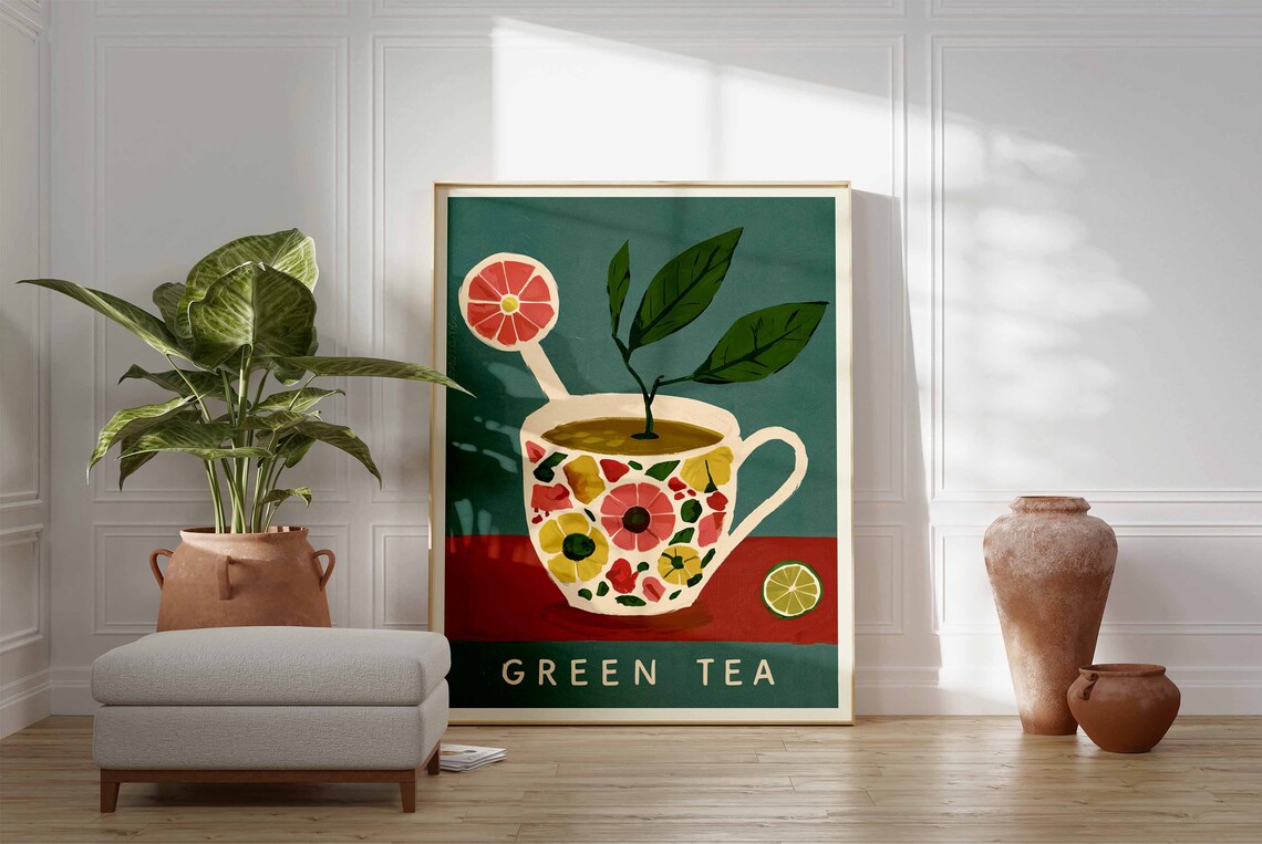 Green Tea Floral Teacup Citrus Retro Mid Century Kitchen Poster - Image 3