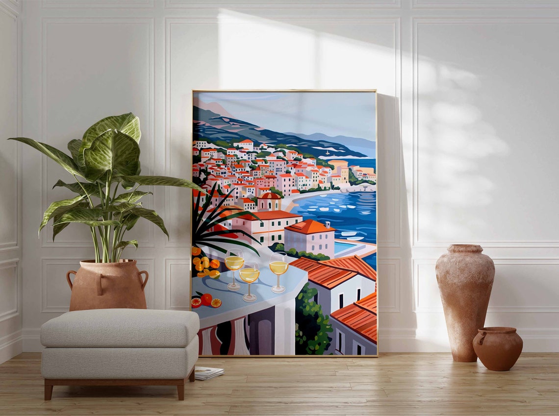 Sunny Coastal Town Terrace Wine Glasses Scenic Travel View Poster - Image 3