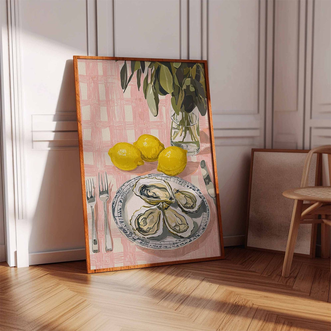 Summer Oyster Plate Lemon Pink Gingham Seafood Kitchen Art Poster - Image 2
