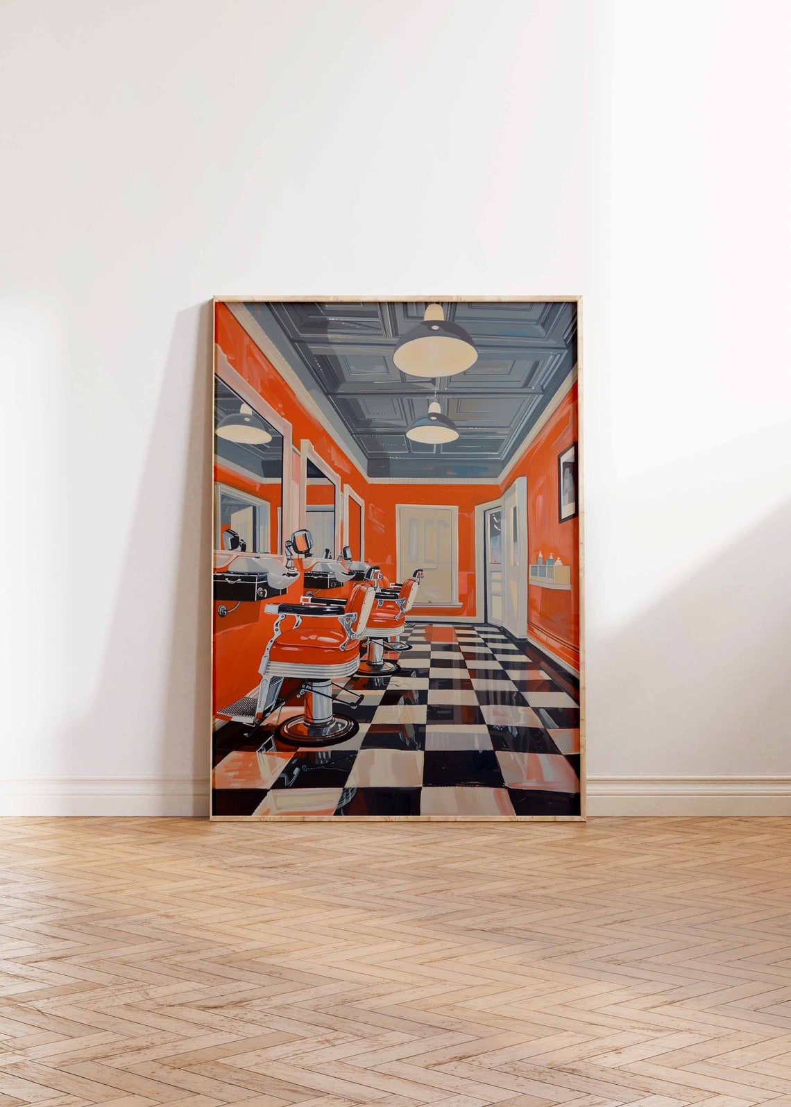 Bright Orange Barbershop Red Chairs Checkered Floor Retro Salon Poster - Image 2