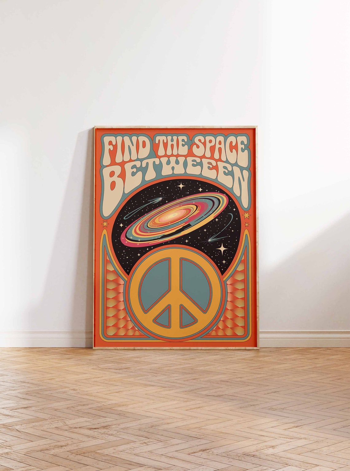 Find the Space Between Saturn Peace Sign 70s Retro Art Poster - Image 2