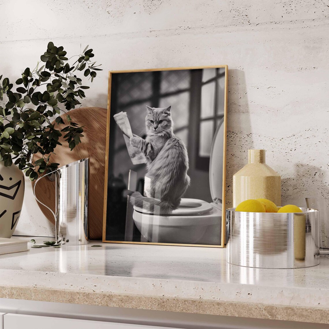 Cat Reading Newspaper on Toilet Funny Bathroom Black White Art Poster - Image 2