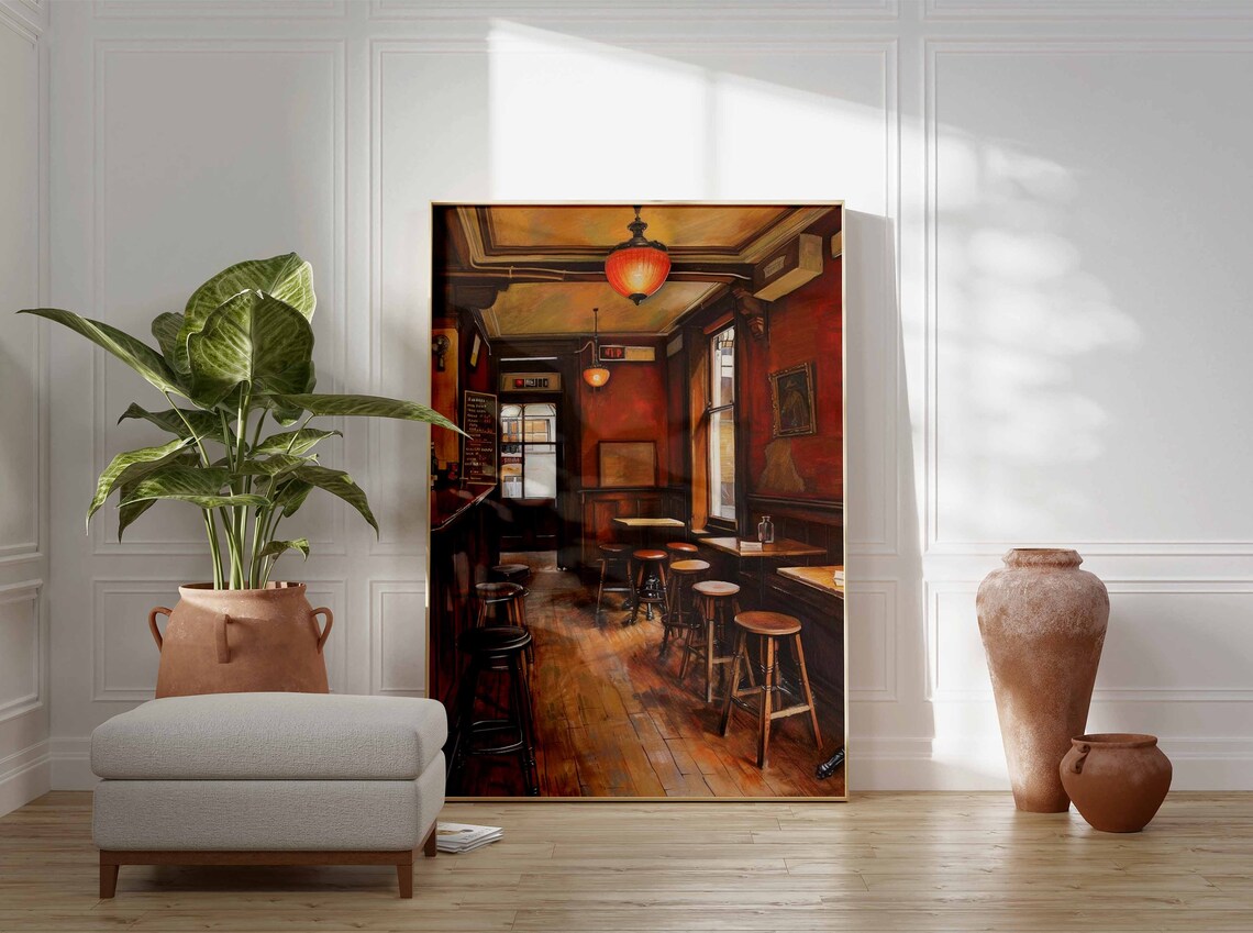 Vintage British Pub Interior Dark Wood Bar Oil Painting Art Print - Image 3