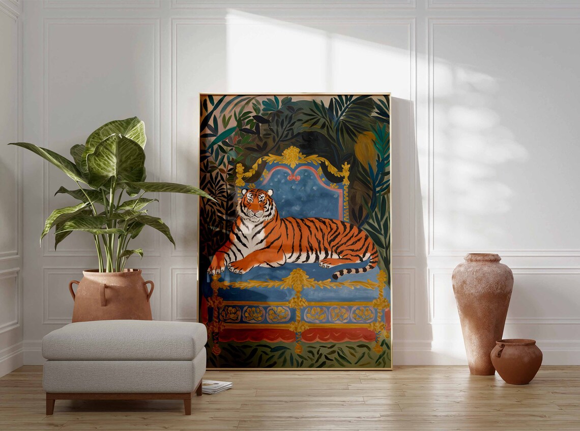 Majestic Tiger on Blue and Gold Throne Tropical Foliage Poster - Image 3