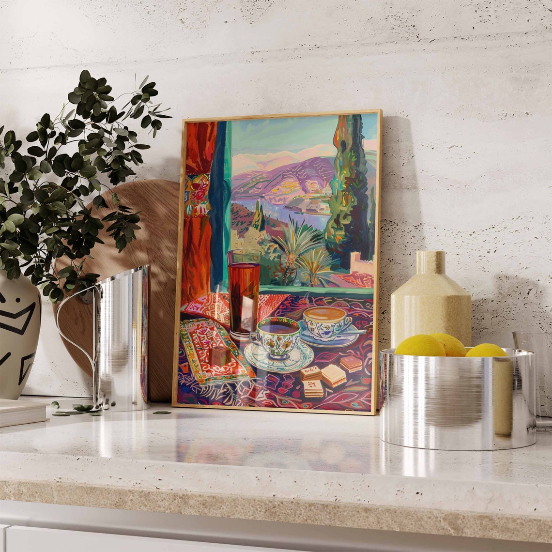 Tea Coffee Cups Pastries Palm Hill View Textile Table Art Poster - Image 2