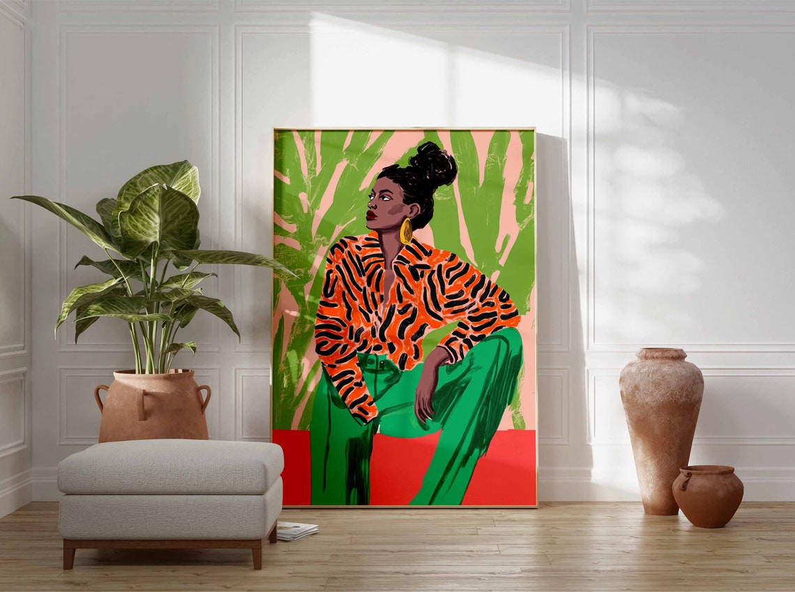 Woman in Tiger Stripe Blouse and Green Pants Colorful Art Poster - Image 2