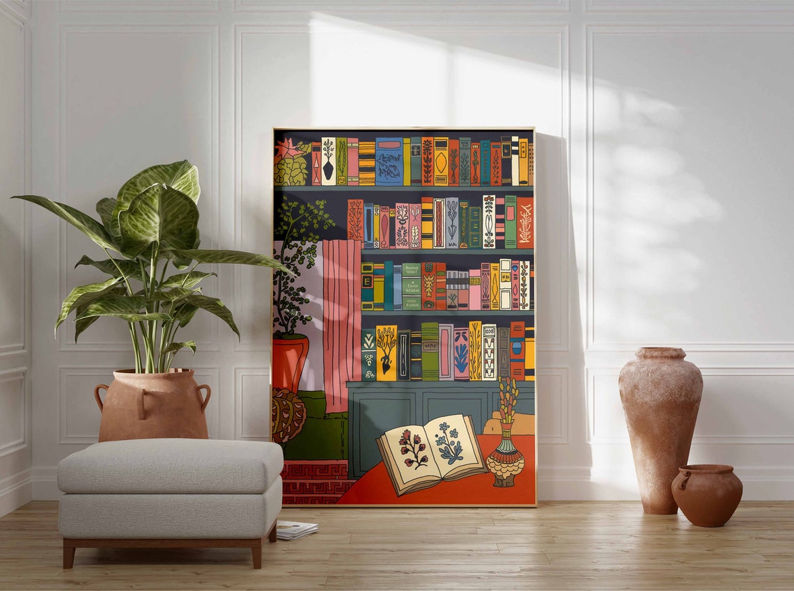 Vintage Library Poster with Illustrated Bookshelf and Open Book Art - Image 2