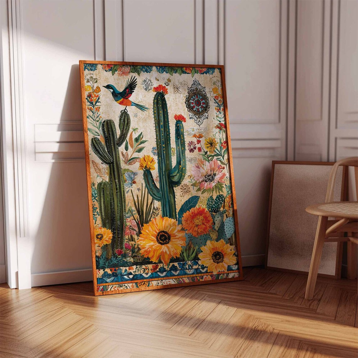 Saguaro Cactus Sunflower Folk Art Colorful Bird Southwest Wall Art - Image 3