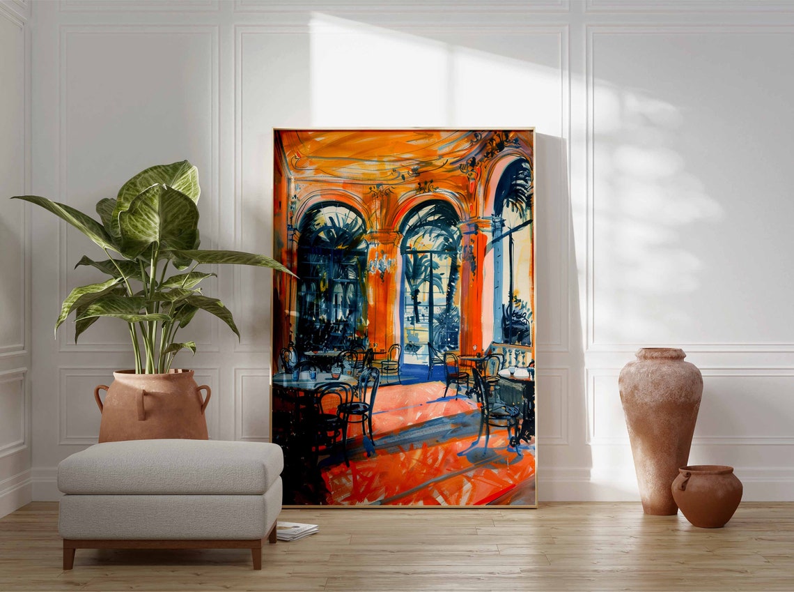 Orange and Blue Casino Terrace Arched Windows Bold Art Poster - Image 3