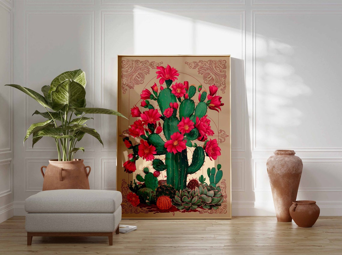 Blooming Prickly Pear Cactus Magenta Blossoms Vintage Poster - Image 2