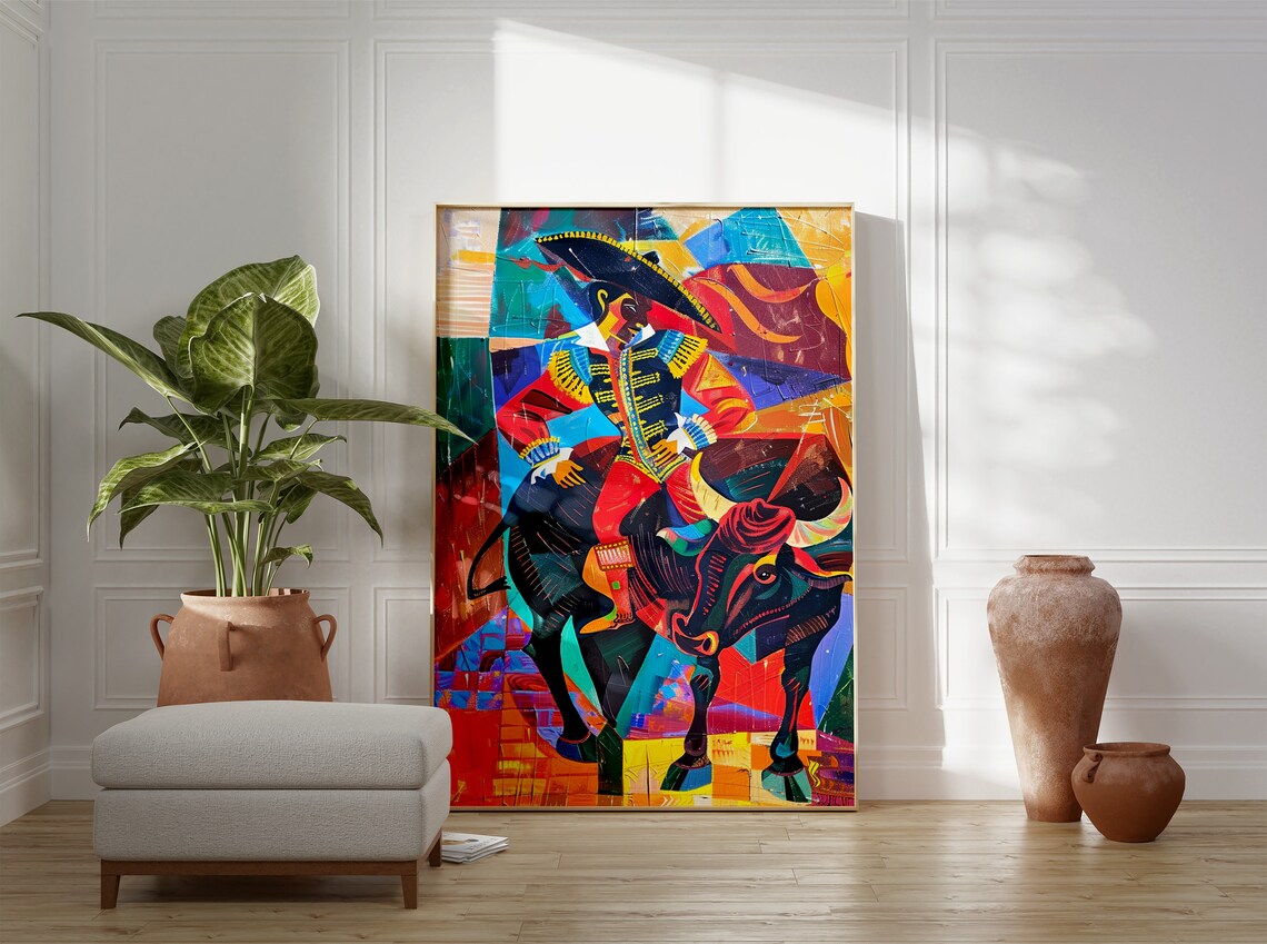 Spanish Bullfight Matador Cubist Art Print Colorful Arena Decor - Image 3