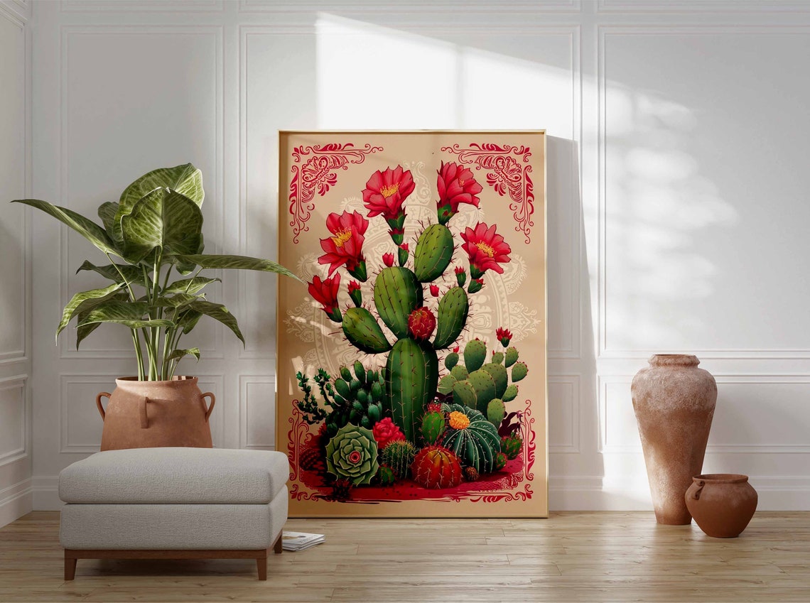 Red Blooming Prickly Pear Cactus Botanical Vintage Art Poster - Image 2