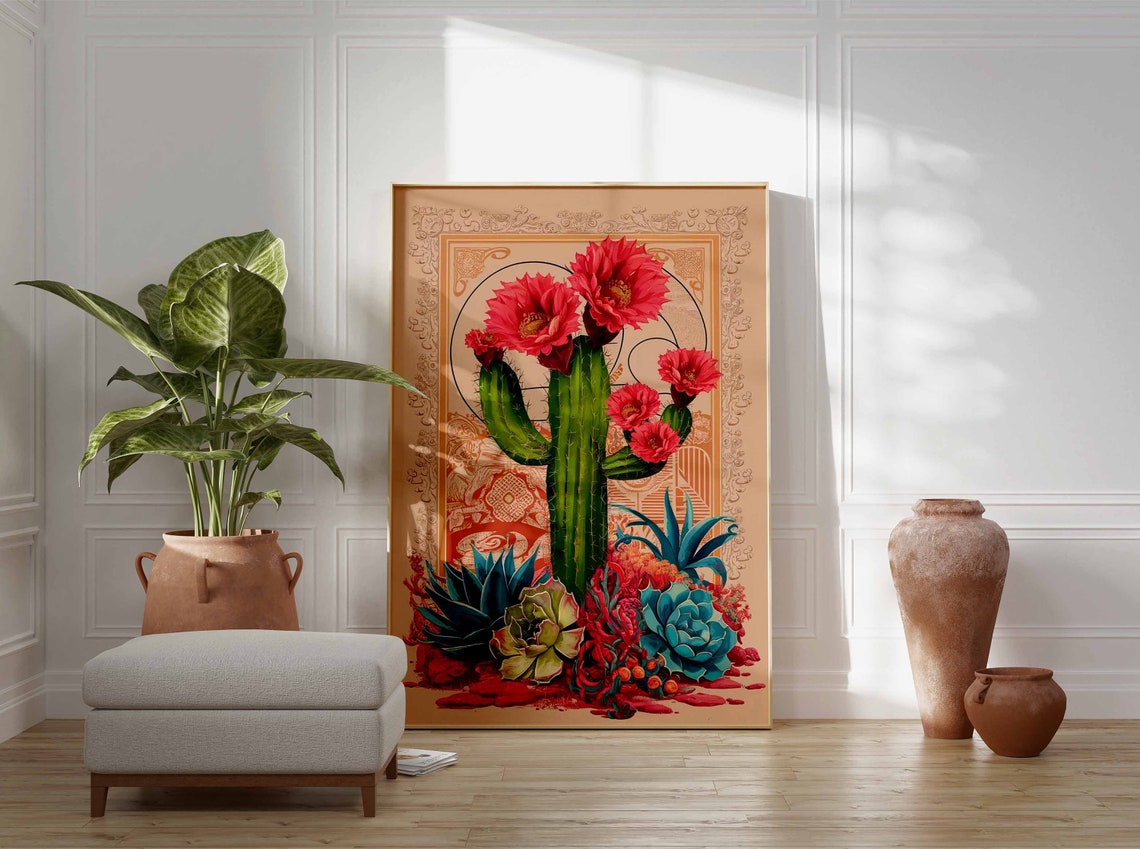 Blooming Columnar Cactus Succulent Garden Art Poster Large Gift - Image 2