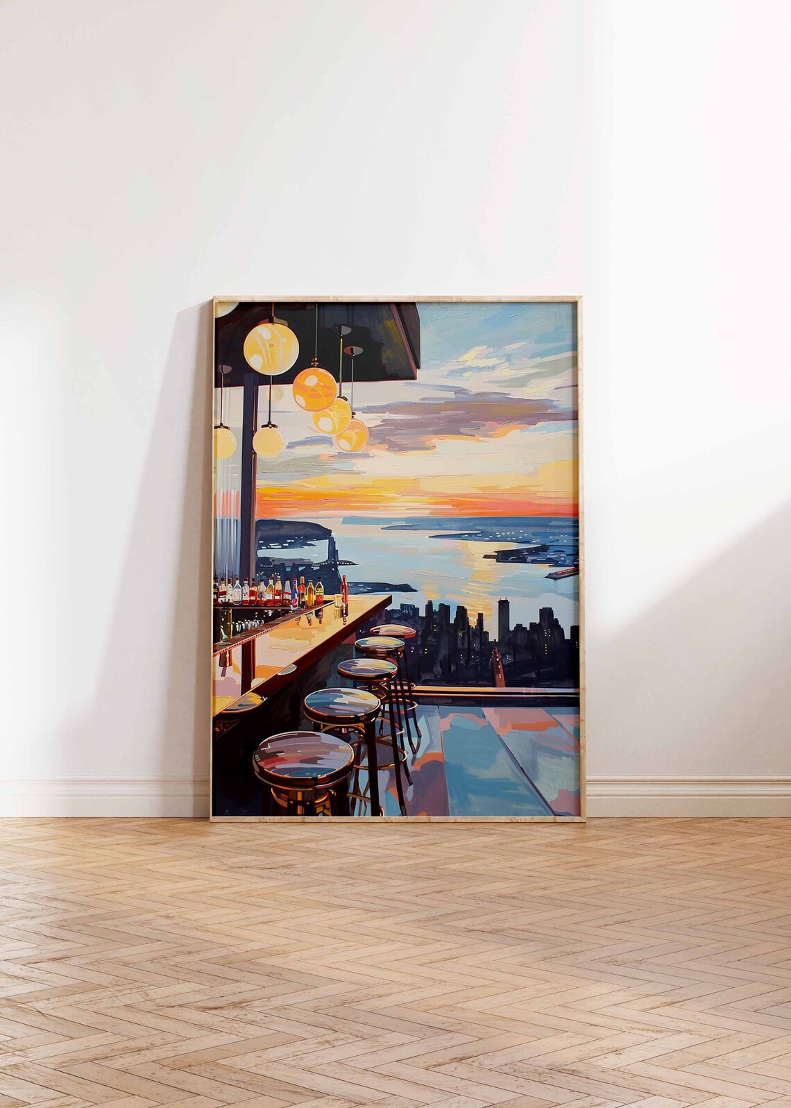Rooftop Cocktail Bar Sunset City Skyline View Painting Style Poster - Image 2