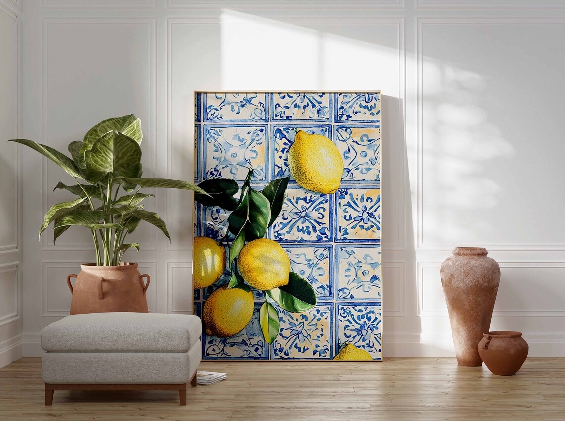 Sunny Lemon Branch on Blue Tiles Citrus Still Life Art Poster - Image 3