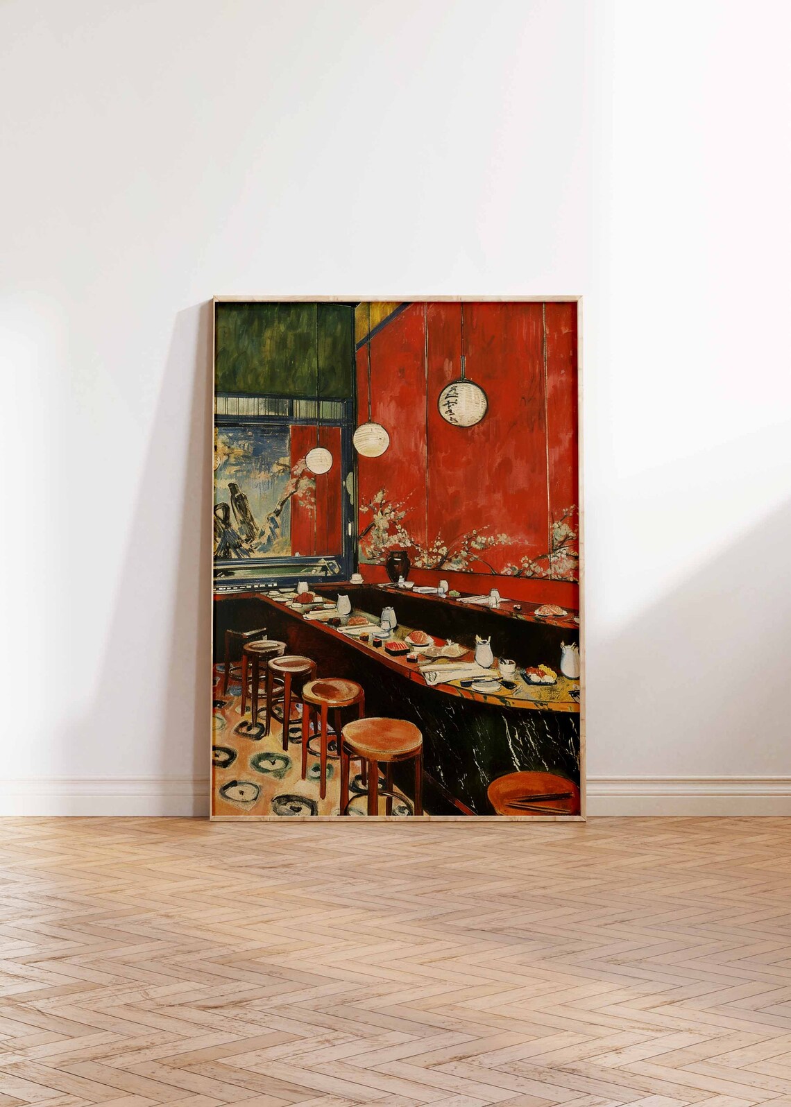 Japanese Sushi Bar Red Wall Paper Lantern Cherry Blossom Art Poster - Image 2