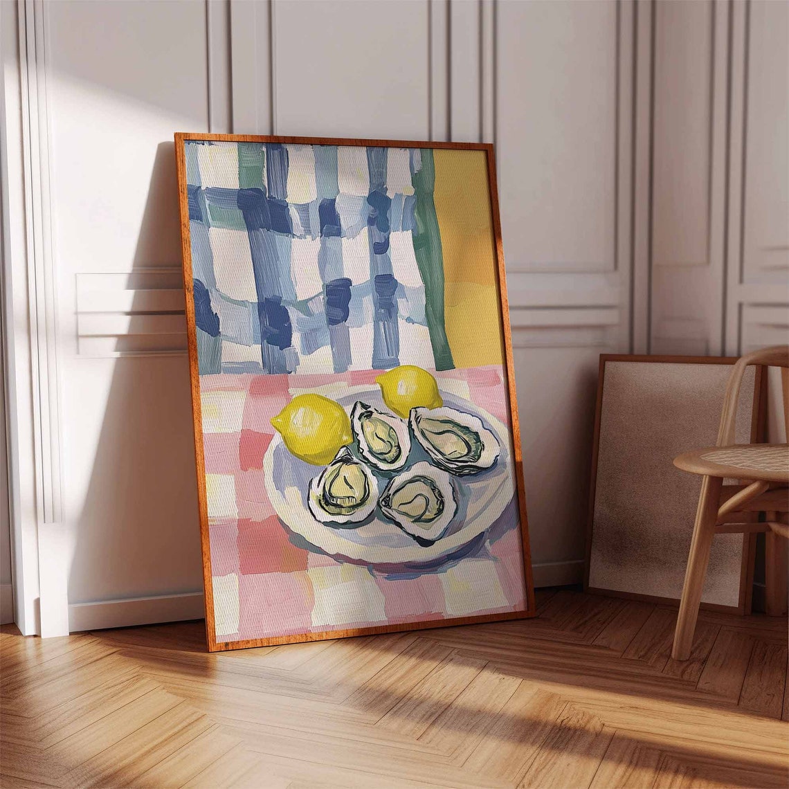 Watercolor Oysters and Lemons Pink Check Coastal Kitchen Wall Art - Image 2
