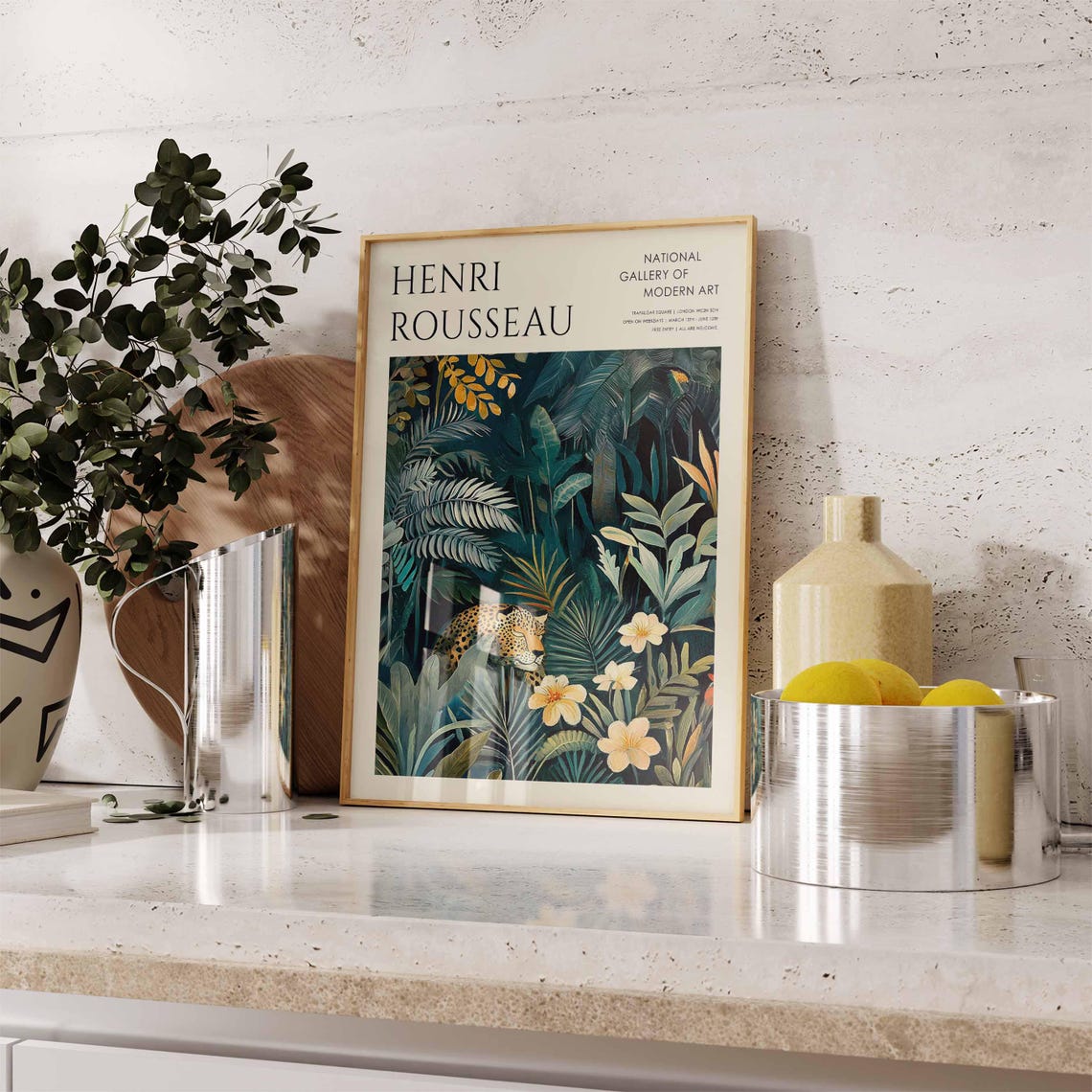 Henri Rousseau Leopard Jungle Dark Teal Botanical Leaves Poster - Image 3