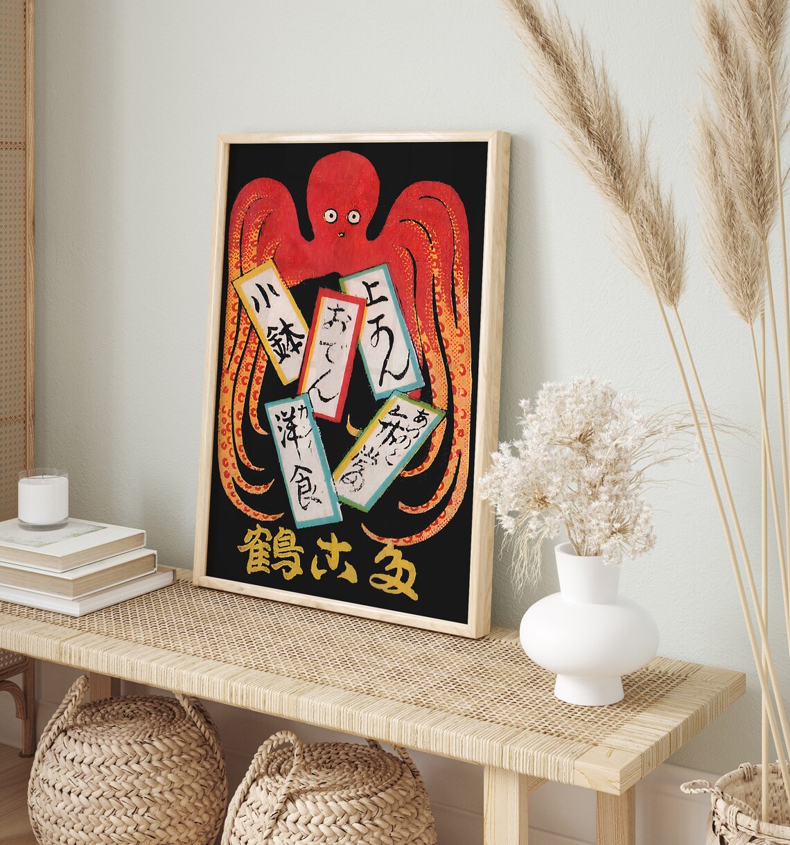 Vintage Japanese Red Octopus Holding Shop Signs Woodblock Art Print - Image 2