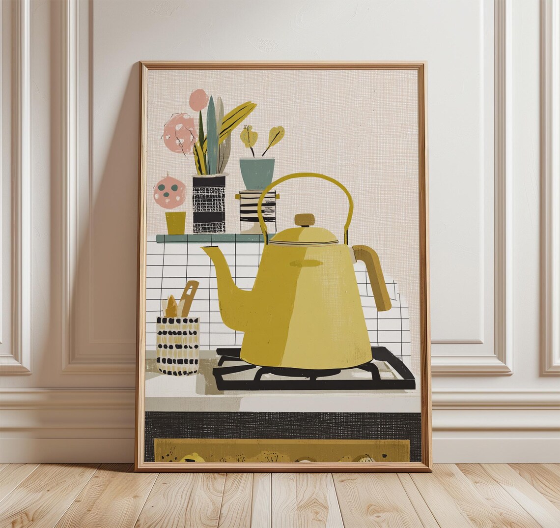 Yellow Kettle Retro Kitchen Wall Art Print