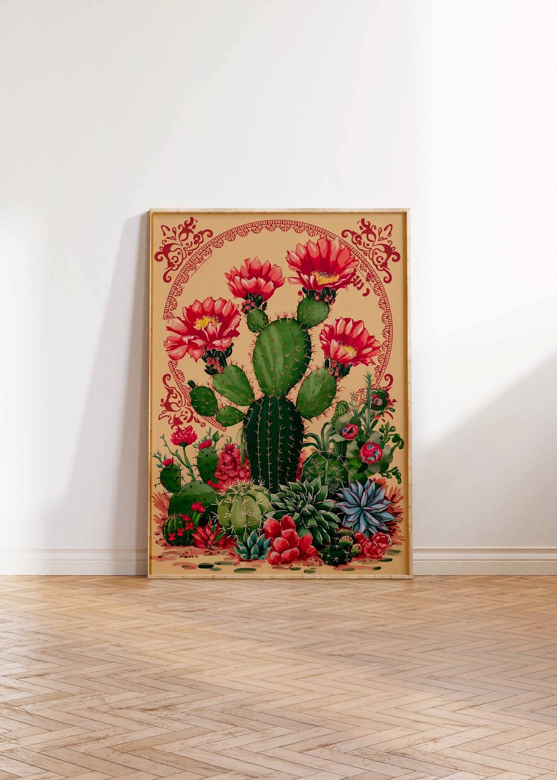 Prickly Pear Cactus Red Blooms Arch Ornamental Art Poster Gift - Image 3