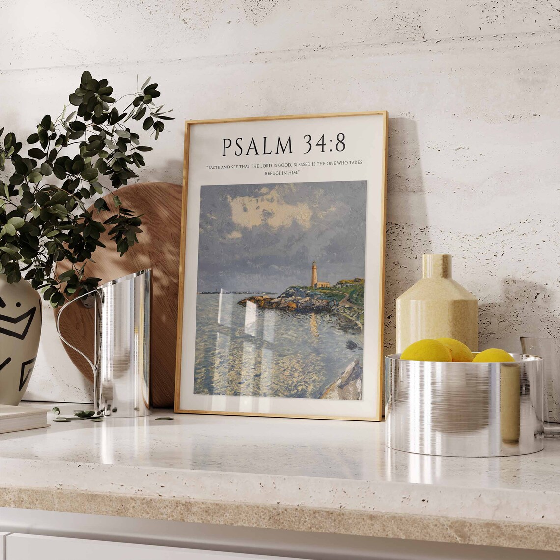 Psalm 34:8 Bible Verse Rocky Coast Lighthouse Monet Style Christian Art Poster - Image 3
