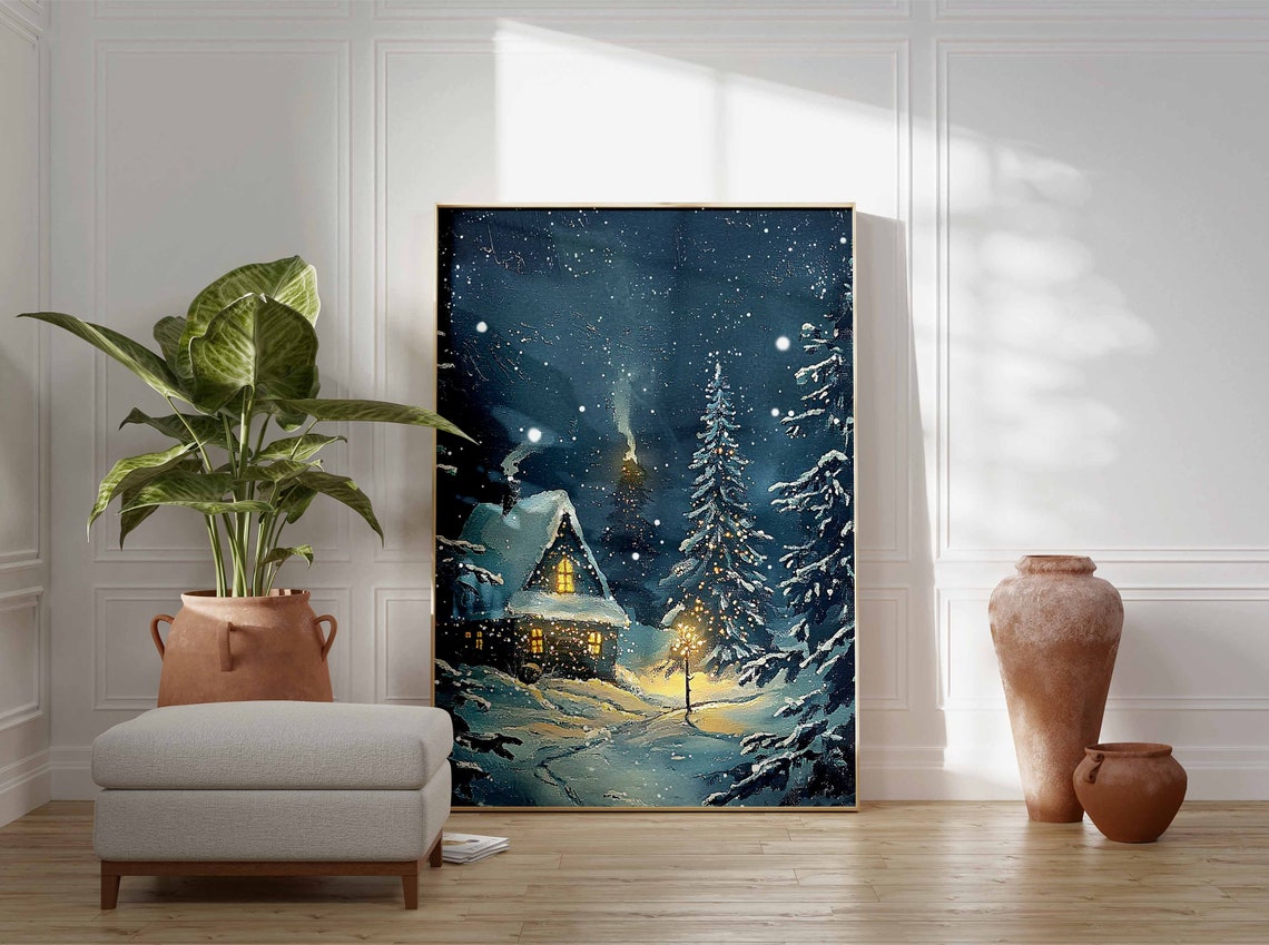 Glowing Snowy Cabin Winter Night Scene With Pine Forest Poster - Image 3
