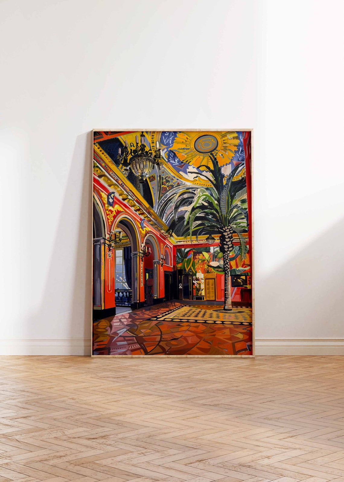Red Arcade Palm Tree Ornate Ceiling Interior Bold Artwork Poster - Image 2