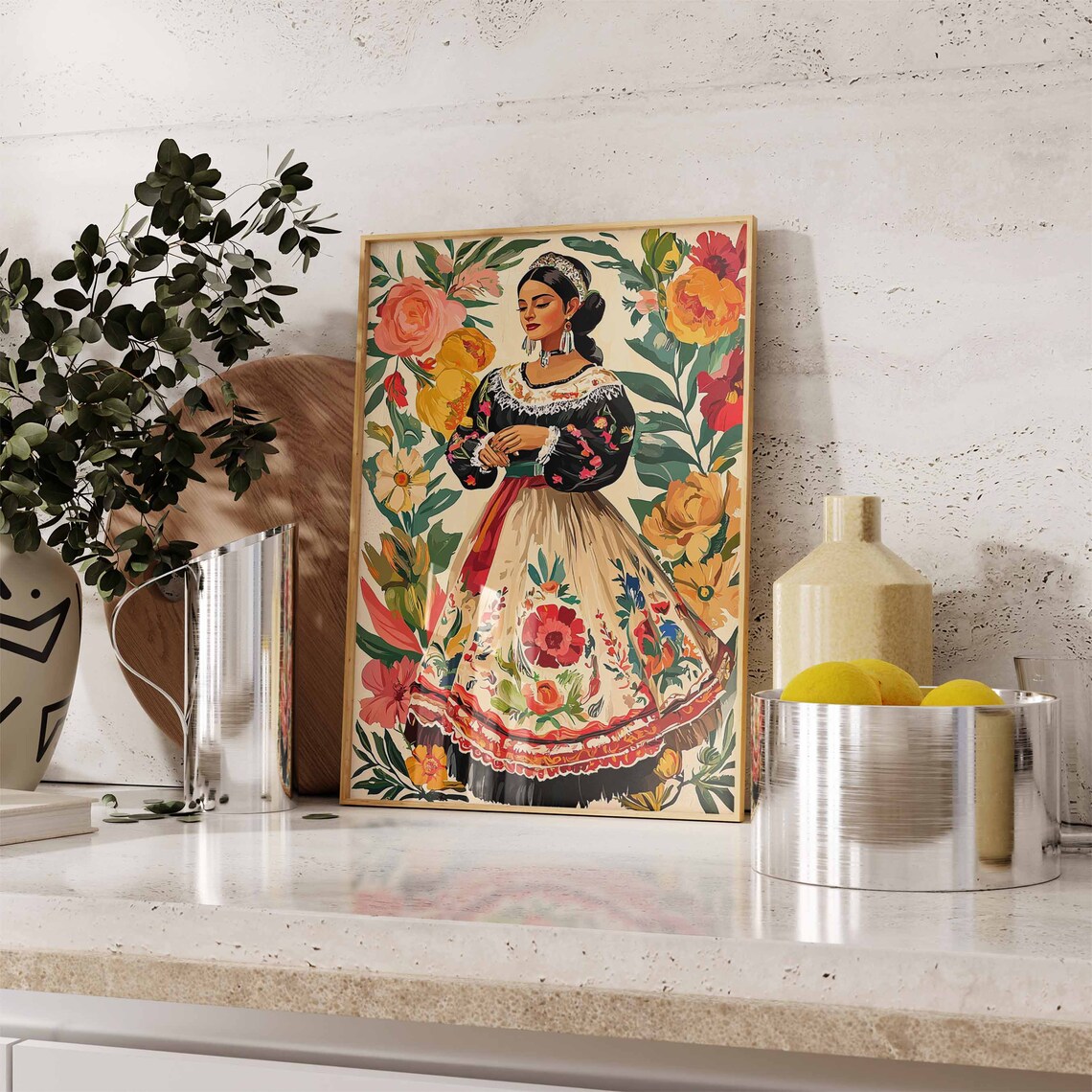Beautiful Latina Woman in Embroidered Dress Floral Folk Art Poster - Image 2