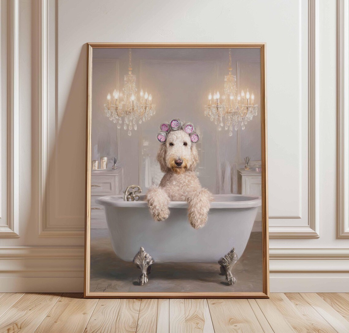 Goldendoodle in Clawfoot Bathtub Spa Day Funny Dog Art Poster