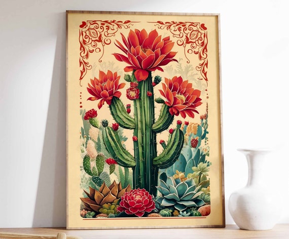 Red Blooming Cactus Vintage Mexican Botanical Scroll Art Poster