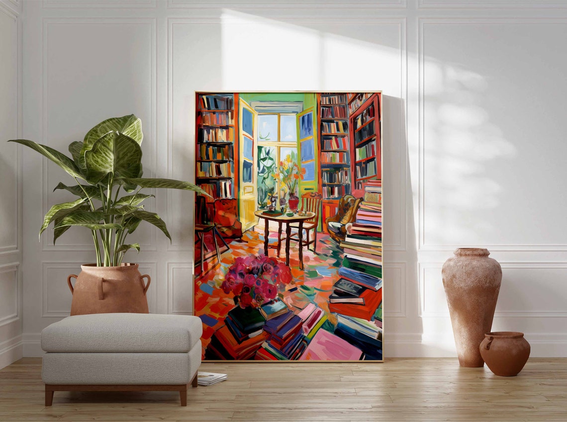 Colorful Library Reading Room Book Stacks Fauvist Interior Art Poster - Image 2