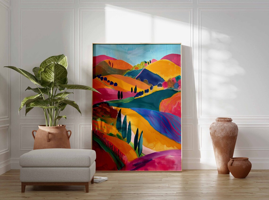 Colorful Rolling Hills With Cypress Trees Landscape Art Print - Image 3
