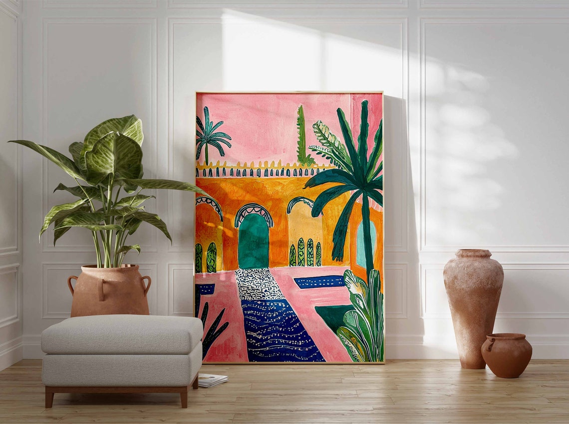 Orange Moroccan Building Arched Doorways Blue Mosaic Path Art Print - Image 2