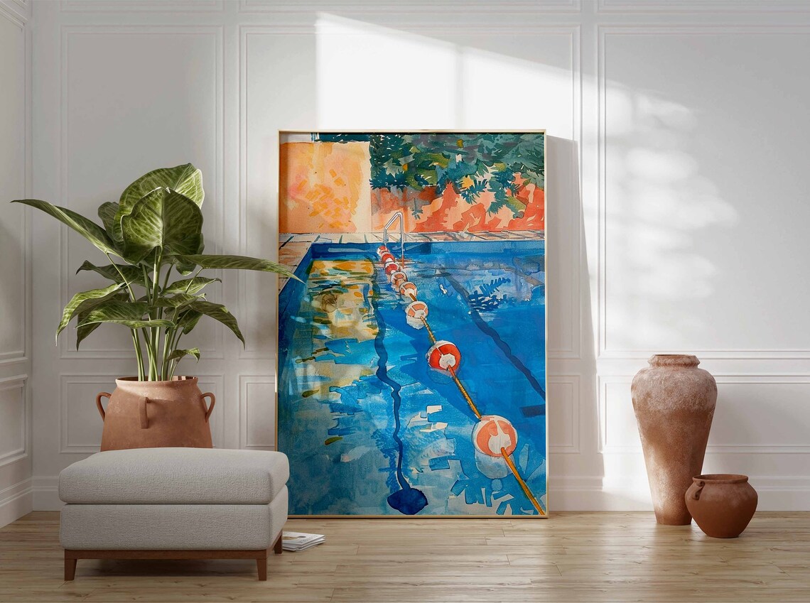 Watercolor Swimming Pool Lane Buoys Sunlit Impressionist Poster - Image 2