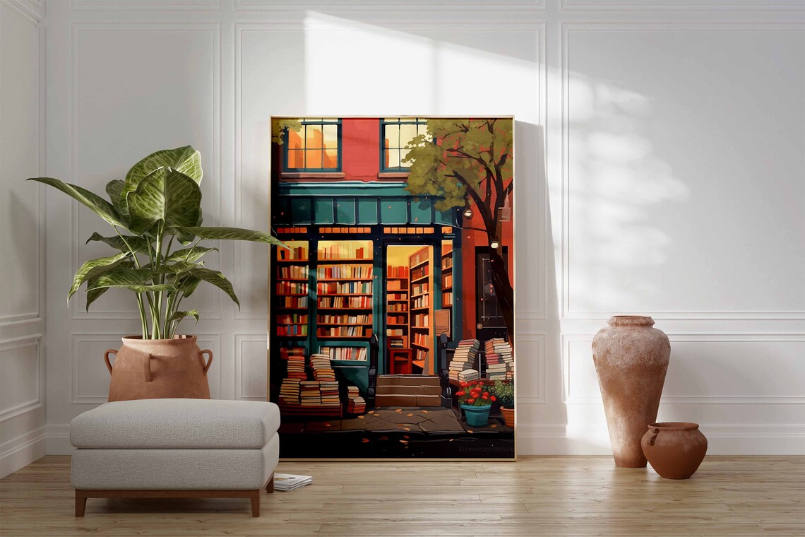 Glowing Bookshop at Night Stacked Books Storefront Reader Gift Art Poster - Image 2