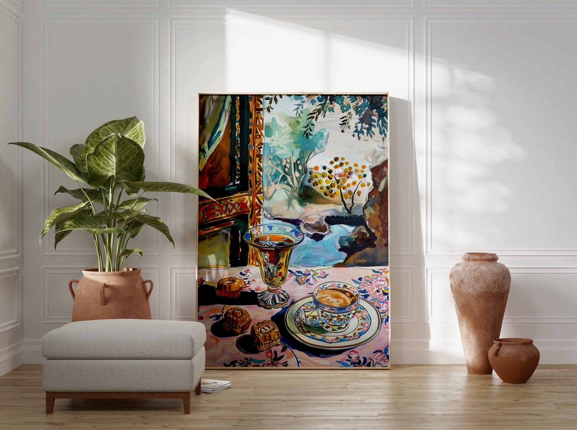 Painted Tea Glass Sweet Buns Riverside Hills View Still Life Poster - Image 3