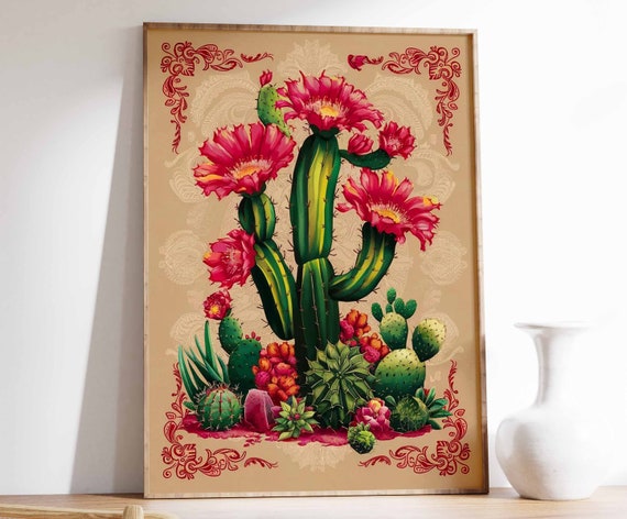 Blooming Columnar Cactus Pink Flowers Desert Botanical Poster