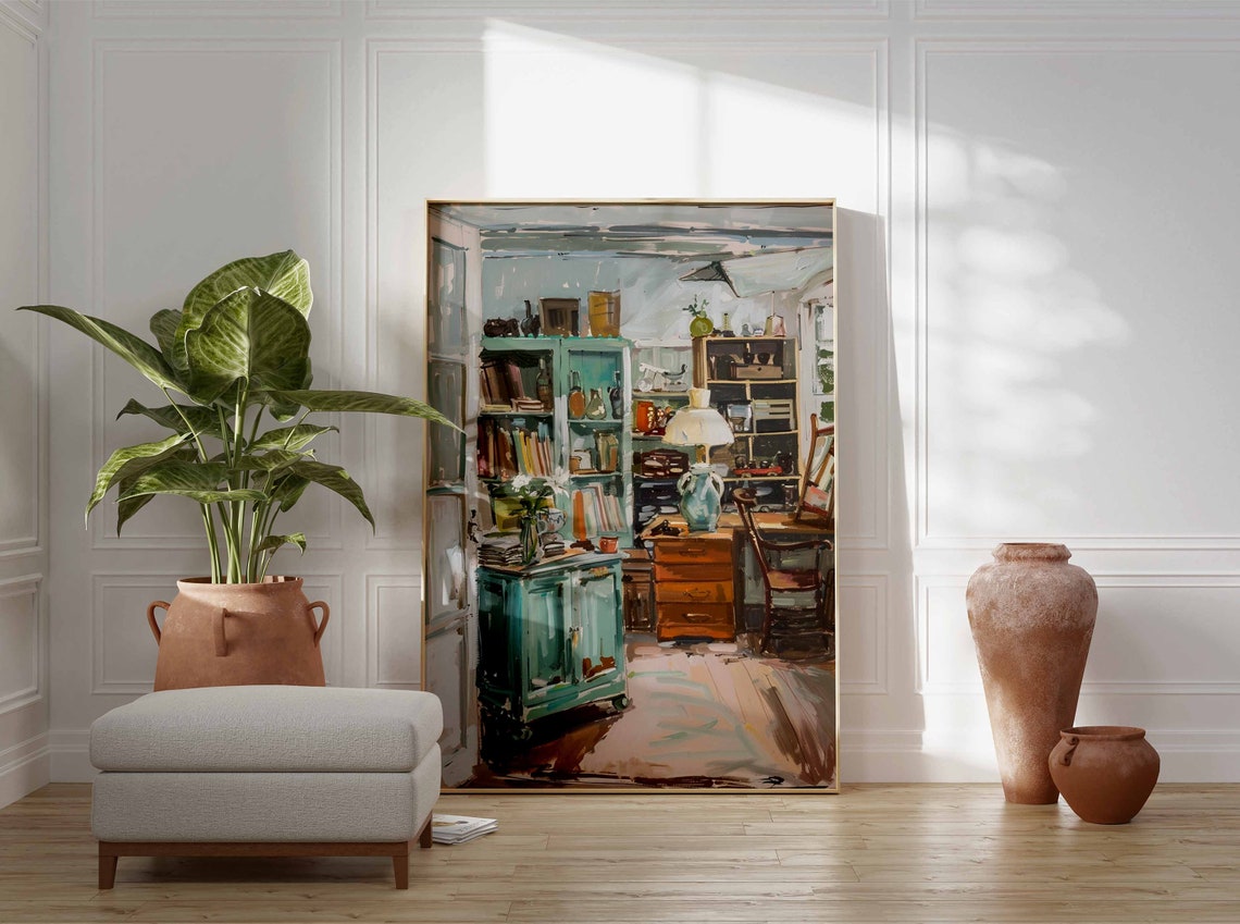 Cozy Vintage Study Interior Teal Cabinet Books Lamp Warm Print - Image 3