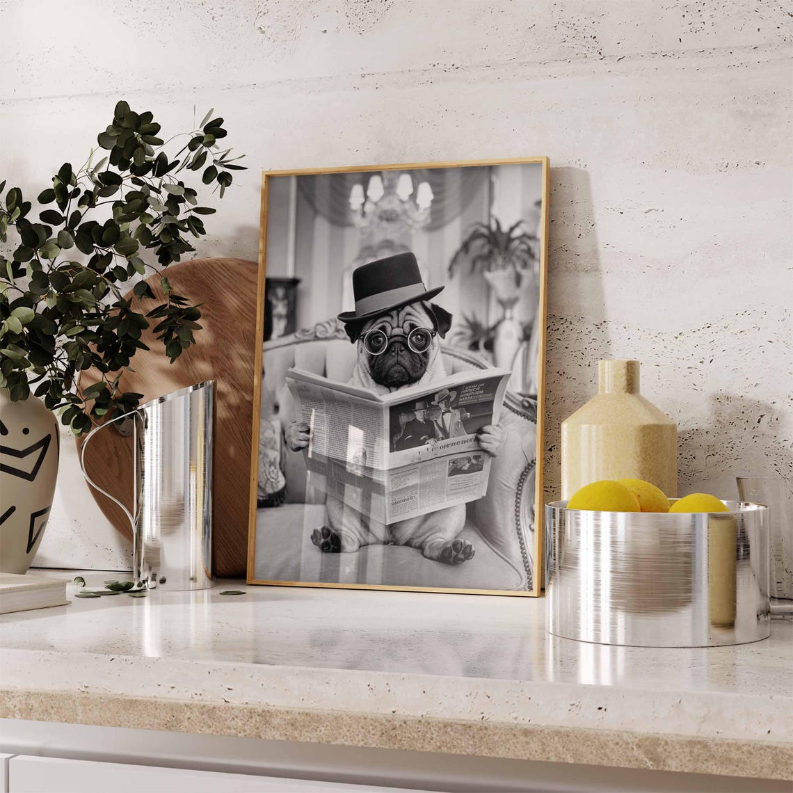Pug In Top Hat And Round Glasses Reading Newspaper On Sofa Poster - Image 2
