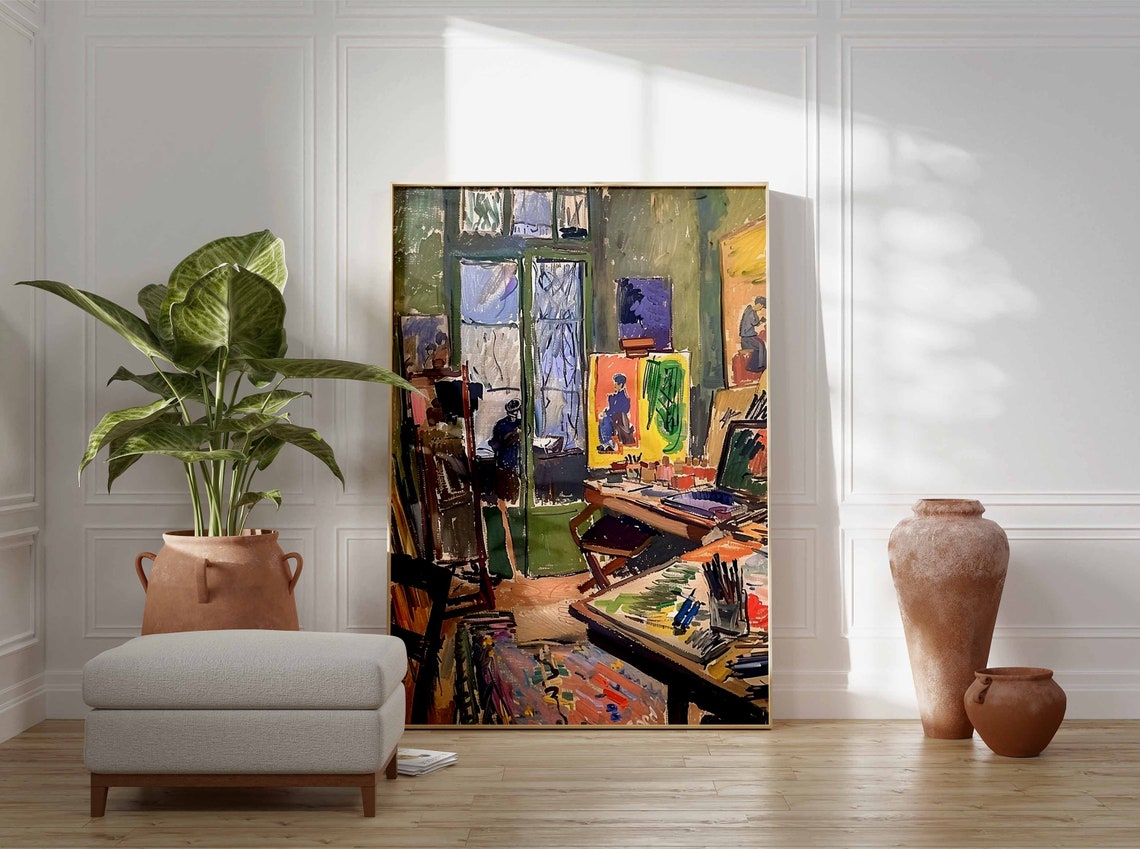 Green Toned Painter Studio with Easel and Seated Figure Poster - Image 3
