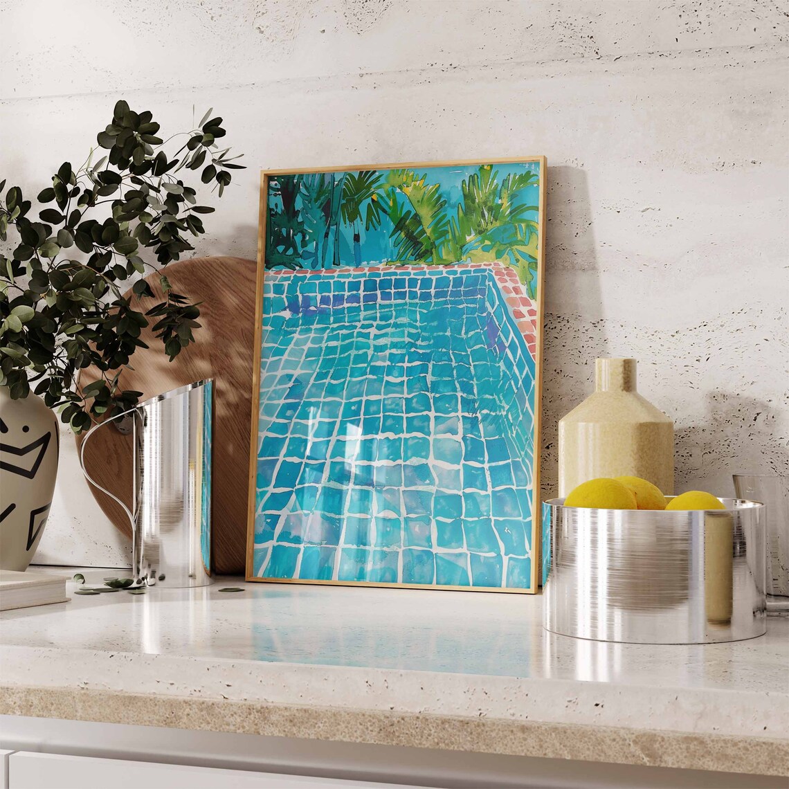 Turquoise Swimming Pool Palm Trees Watercolor Summer Art Print - Image 2