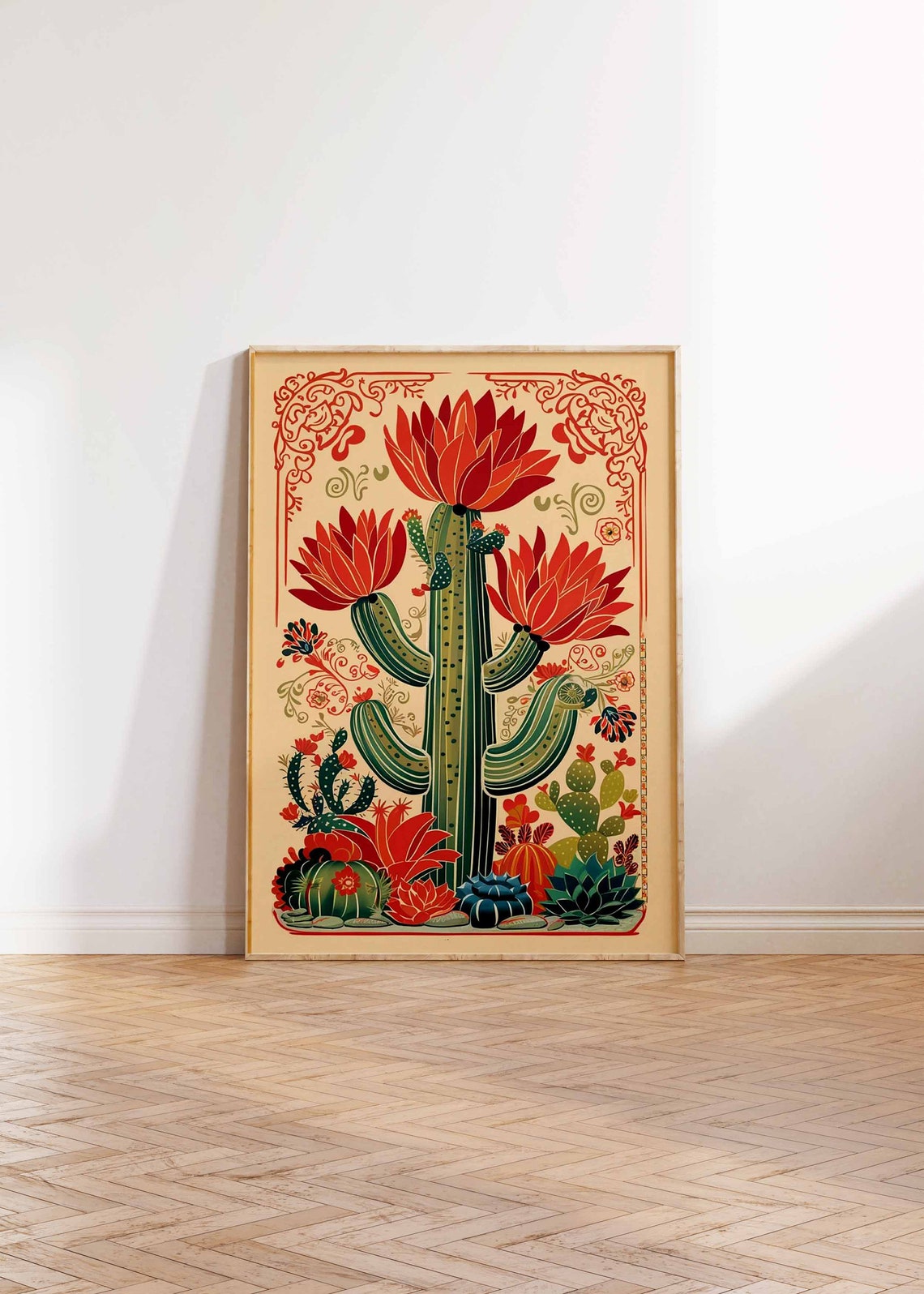 Blooming Saguaro Cactus Red Flowers Vintage Mexican Art Poster - Image 3