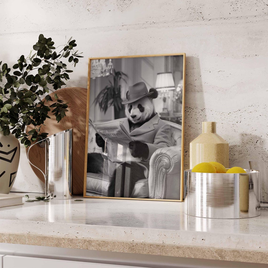 Panda in Fedora Reading Newspaper Vintage Black White Animal Poster - Image 2
