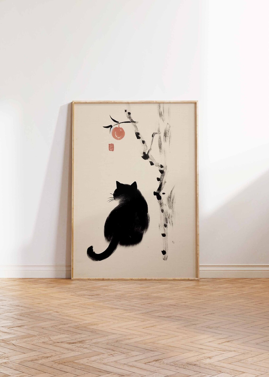 Japanese Black Cat Persimmon Ink Painting Minimalist Art Poster - Image 2