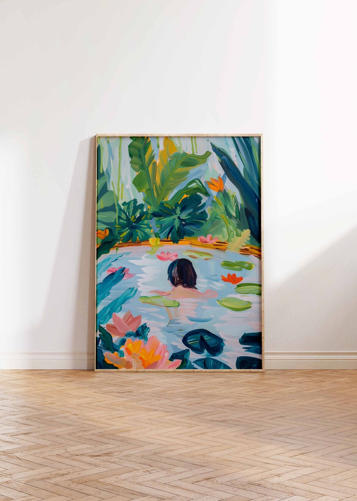 Woman Swimming Through Water Lilies in Jungle Pool Art Poster - Image 3