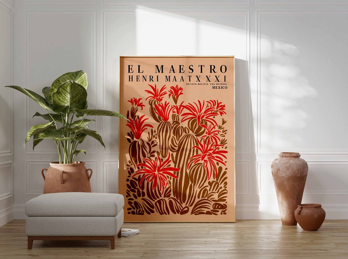 El Maestro Red Flowering Cactus Woodblock Art Poster Large Gift - Image 2