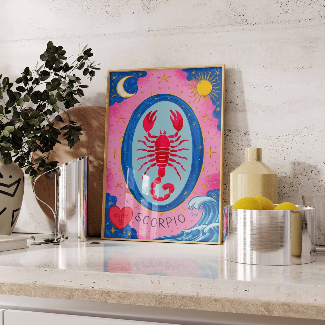 Scorpio Zodiac Scorpion Pink Blue Oval Moon Sun Heart Art Poster - Image 3